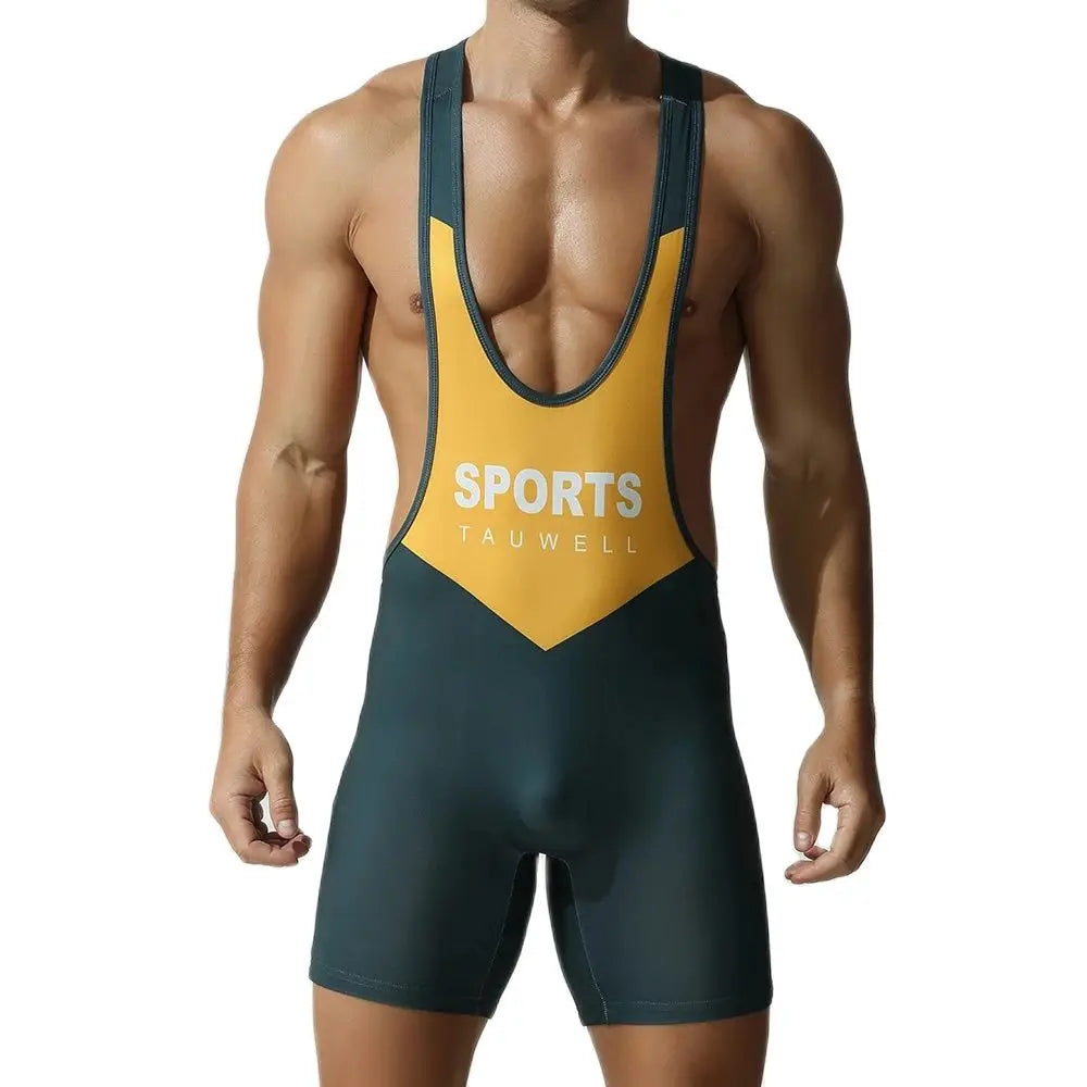 a sexy man in blackish green Men’s First-String Shield Singlet – pridevoyageshop.com – gay men’s harness, lingerie and fetish wear