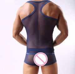 a sexy man in blue Bois Veil Sheer Tank – pridevoyageshopcom – gay mens clubwear mesh tanks crop tops fashion tops partywear activewear