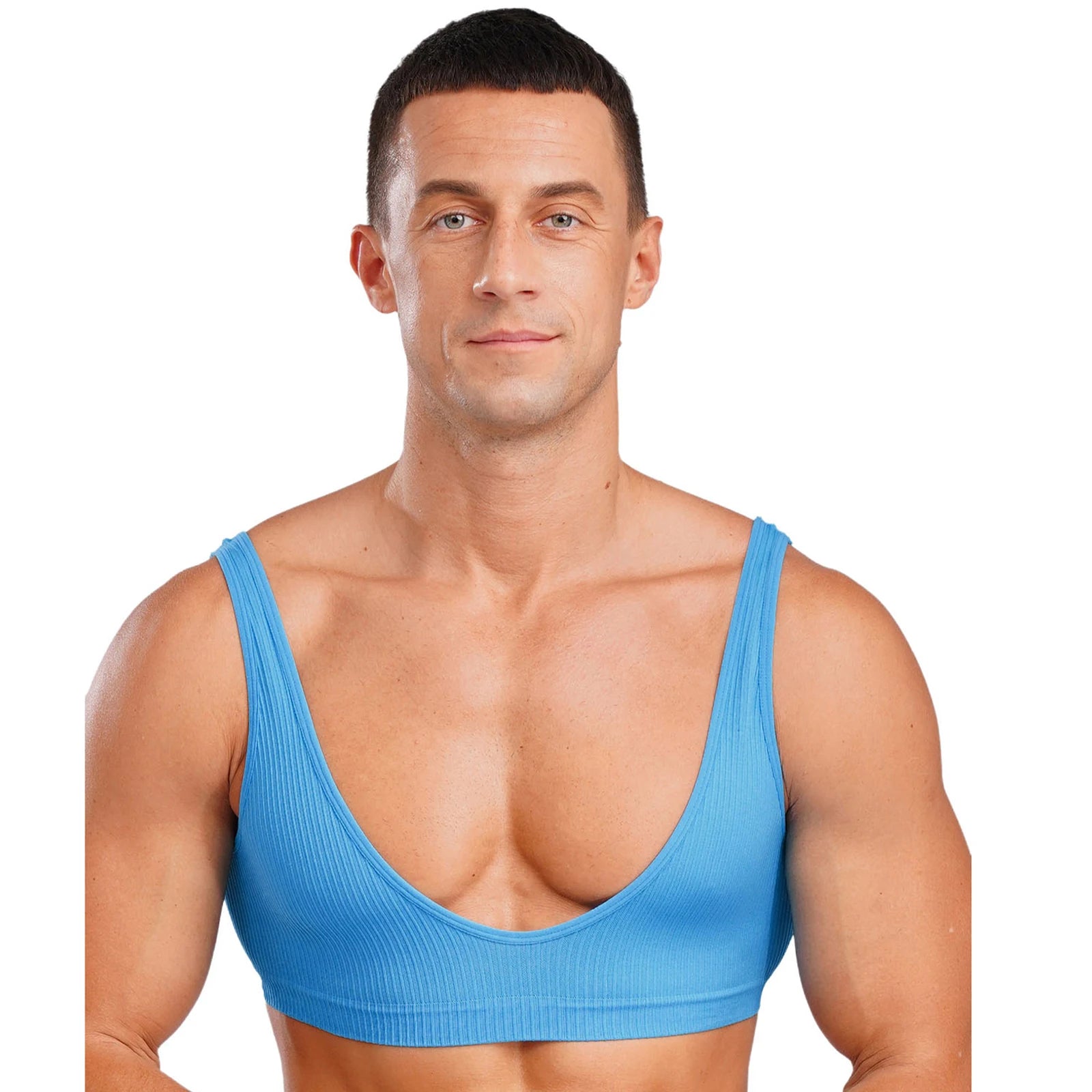 a sexy man in blue Boytoy Deep Scoop Rib Vest - pridevoyageshop.com - gay men’s harness, lingerie and fetish wear