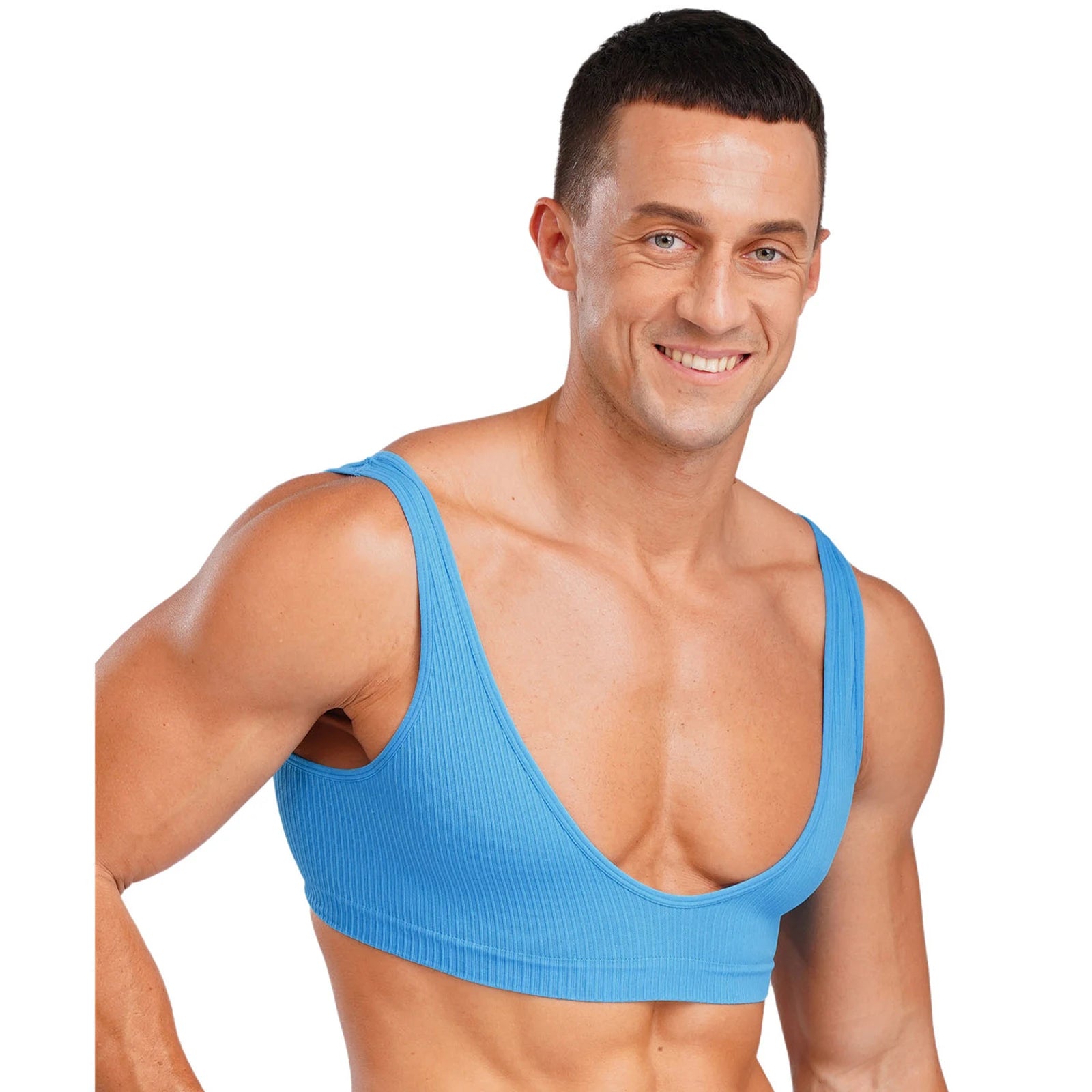 a sexy man in blue Boytoy Deep Scoop Rib Vest - pridevoyageshop.com - gay men’s harness, lingerie and fetish wear