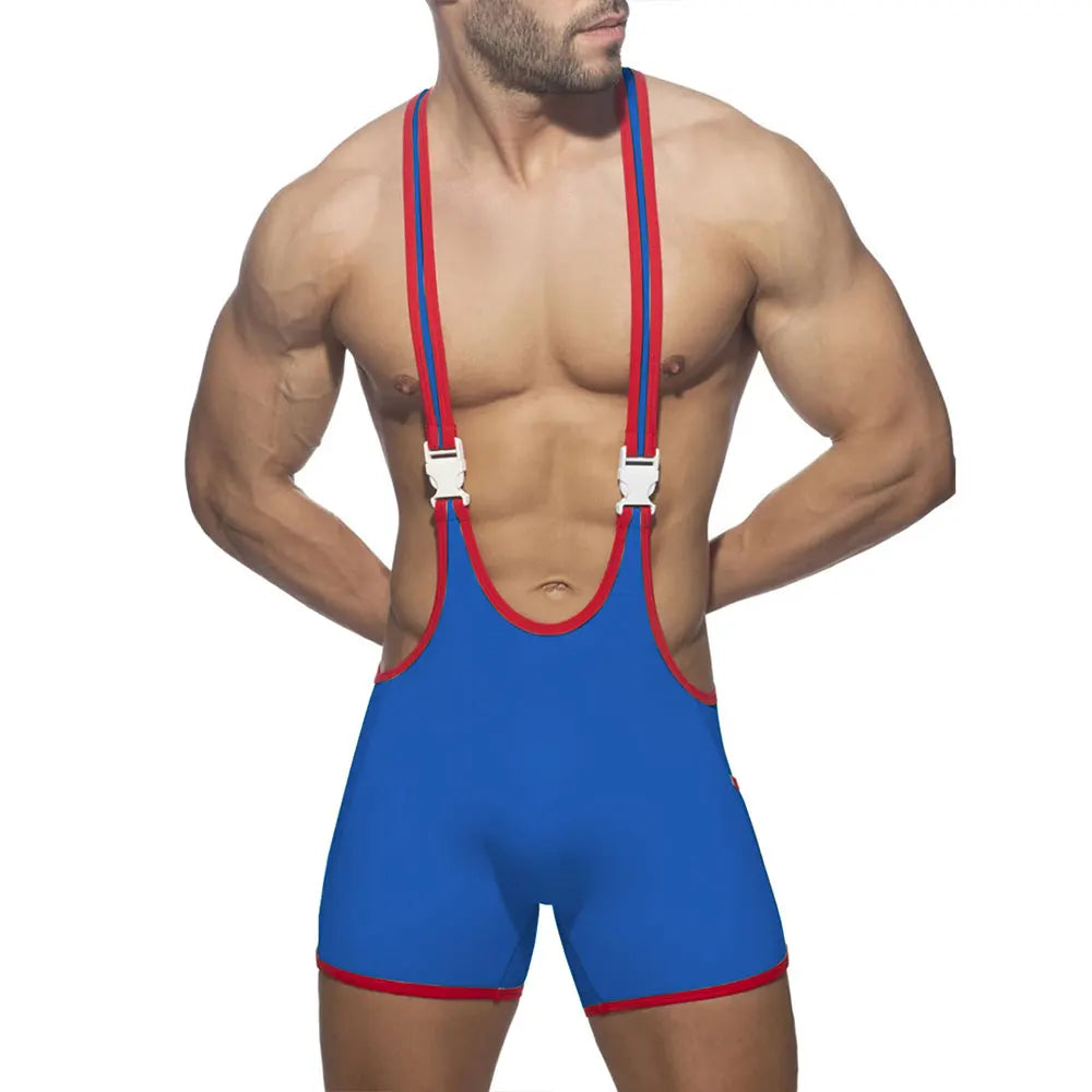 a sexy man in blue Circuit Breaker Buckle Singlet – pridevoyageshop.com – gay men’s harness, lingerie and fetish wear