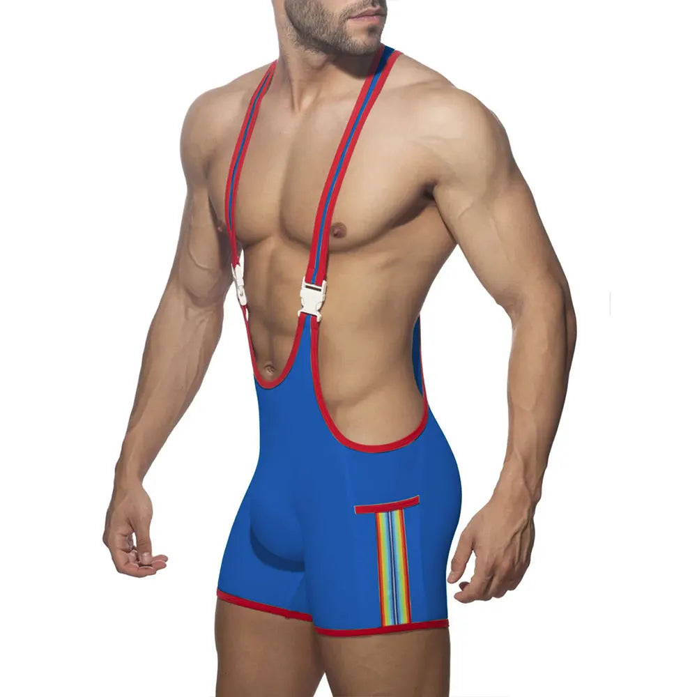 a sexy man in blue Circuit Breaker Buckle Singlet – pridevoyageshop.com – gay men’s harness, lingerie and fetish wear