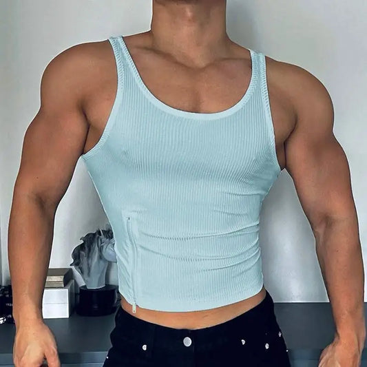 a sexy man in blue Easy Out Zip Rib Crop Top - pridevoyageshop.com - gay men’s harness, lingerie and fetish wear