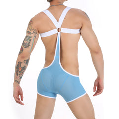 a sexy man in blue Hookup Mesh Harness Singlet – pridevoyageshop.com – gay men’s harness, lingerie and fetish wear