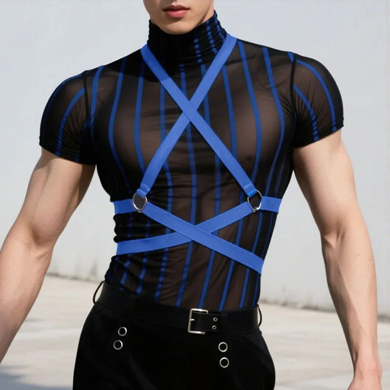 a sexy man in blue Lockdown Harness Mesh Top - pridevoyageshop.com - gay men’s harness, lingerie and fetish wear