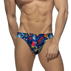 a sexy man in blue Men’s BOOM! Pop Art Thong Briefs - pridevoyageshop.com - gay men’s sexy swim briefs, trunks, board shorts, and bikinis
