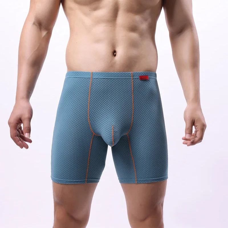 a sexy man in blue Men's Glory Big Pouch Waffle-Knit Long Boxers - pridevoyageshop.com - gay men’s thongs, boxers, briefs and jockstraps