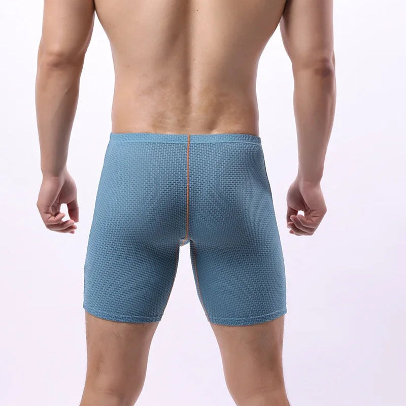 a sexy man in blue Men's Glory Big Pouch Waffle-Knit Long Boxers - pridevoyageshop.com - gay men’s thongs, boxers, briefs and jockstraps