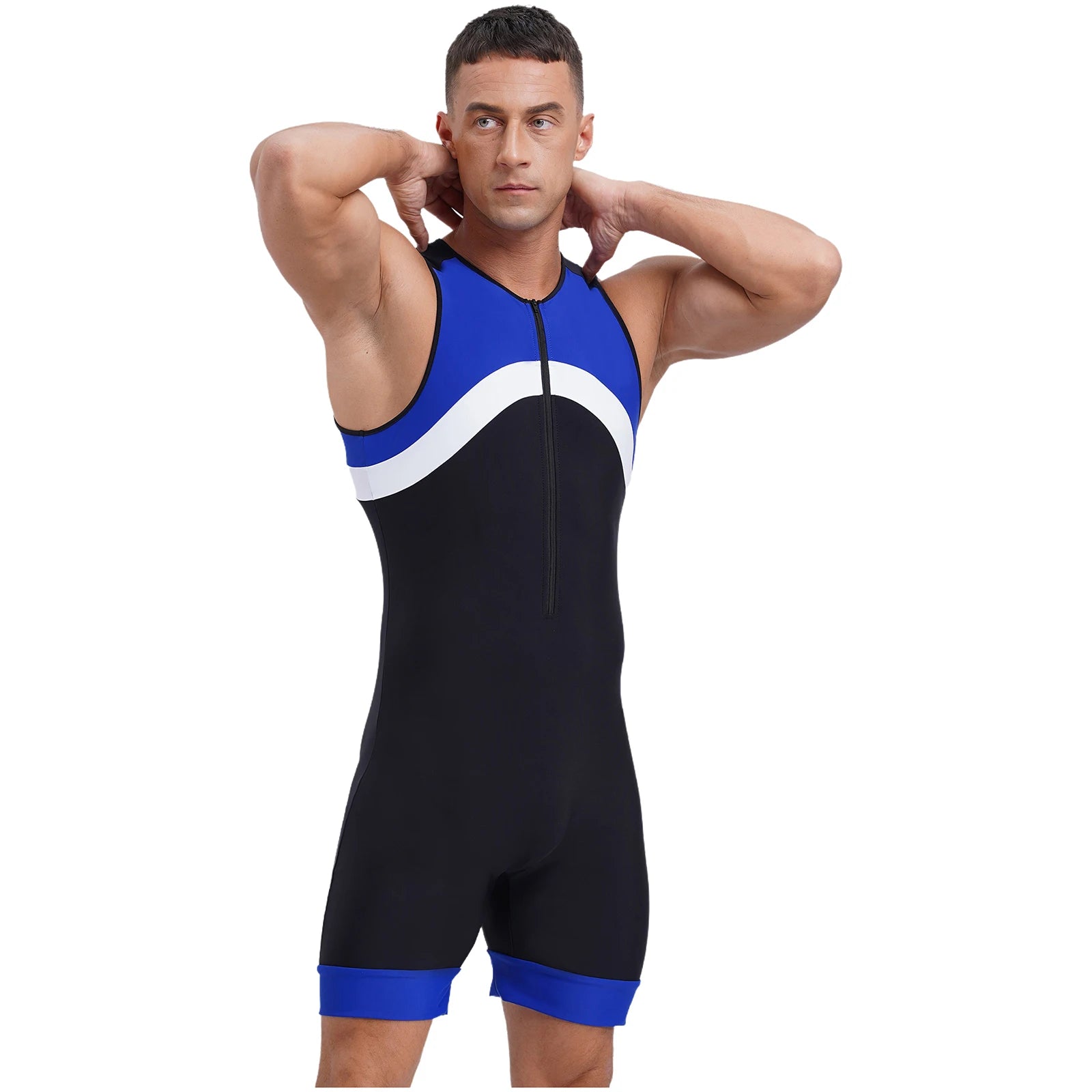 a sexy man in blue Men’s Undertow Wave-Zip Bodysuit – pridevoyageshop.com – gay men’s harness, lingerie and fetish wear