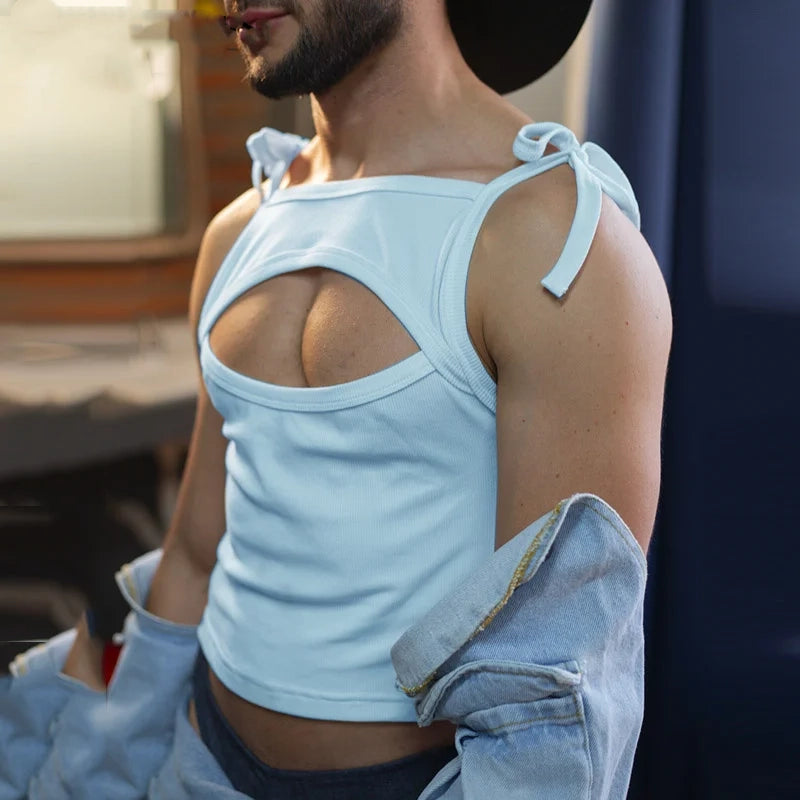 a sexy man in blue PecaBoo Bow Crop – pridevoyageshopcom – gay mens clubwear mesh tanks crop tops fashion tops partywear activewear