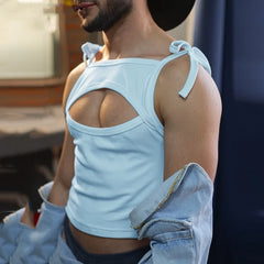 a sexy man in blue PecaBoo Bow Crop – pridevoyageshopcom – gay mens clubwear mesh tanks crop tops fashion tops partywear activewear