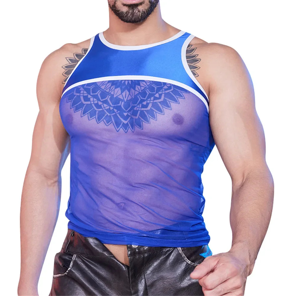 a sexy man in blue Roster Reveal Panel Mesh Tank - pridevoyageshop.com - gay men’s harness, lingerie and fetish wear