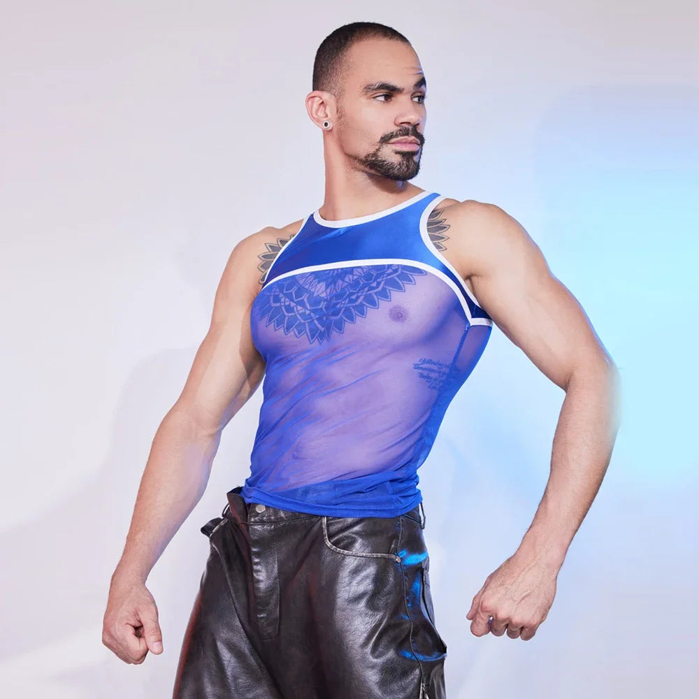 a sexy man in blue Roster Reveal Panel Mesh Tank - pridevoyageshop.com - gay men’s harness, lingerie and fetish wear