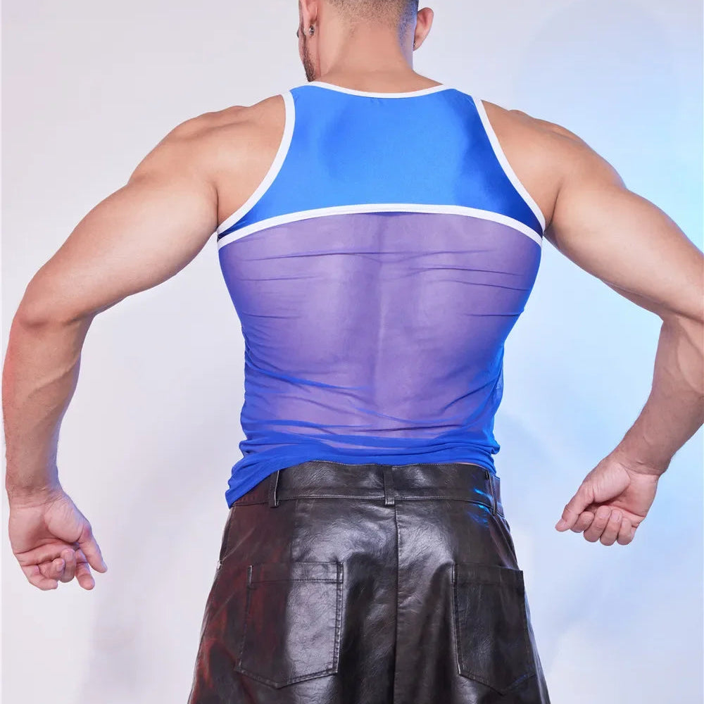 a sexy man in blue Roster Reveal Panel Mesh Tank - pridevoyageshop.com - gay men’s harness, lingerie and fetish wear