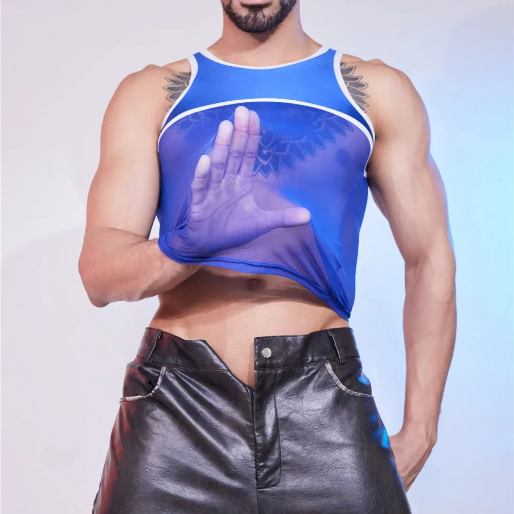 a sexy man in blue Roster Reveal Panel Mesh Tank - pridevoyageshop.com - gay men’s harness, lingerie and fetish wear