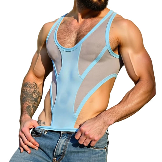 a sexy man in blue South Beach Deco Sheer Leotard – pridevoyageshop.com – gay men’s harness, lingerie and fetish wear