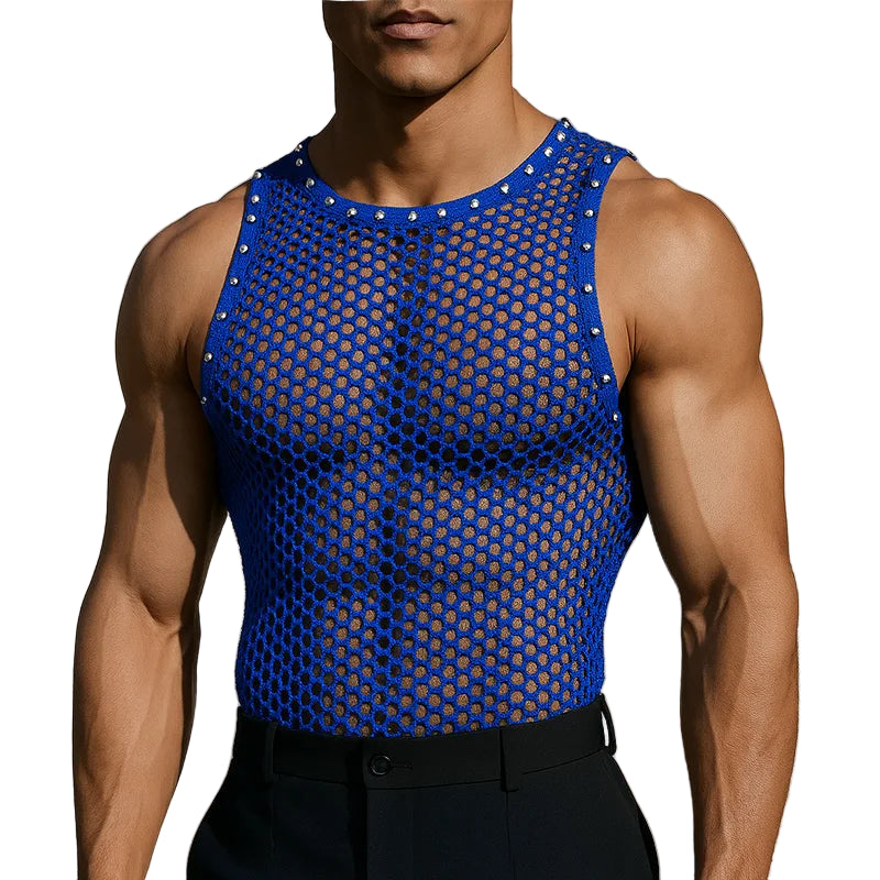 a sexy man in blue Studded Showboi Mesh Tank – pridevoyageshopcom – gay mens clubwear mesh tanks crop tops fashion tops partywear activewear