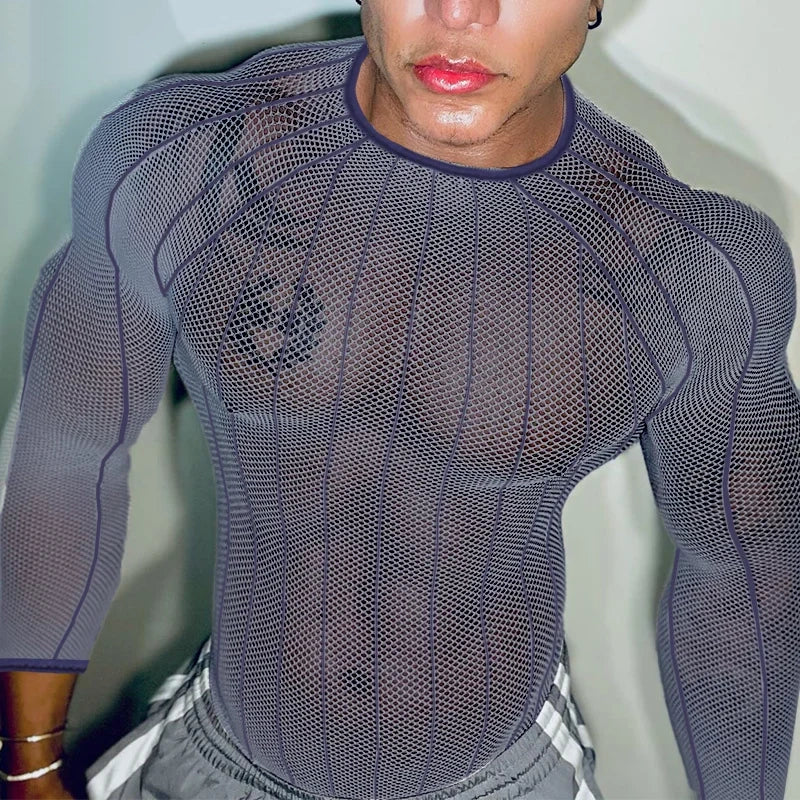 a sexy man in blue Veiny Shaft Mesh Long Sleeve - pridevoyageshop.com - gay men’s harness, lingerie and fetish wear