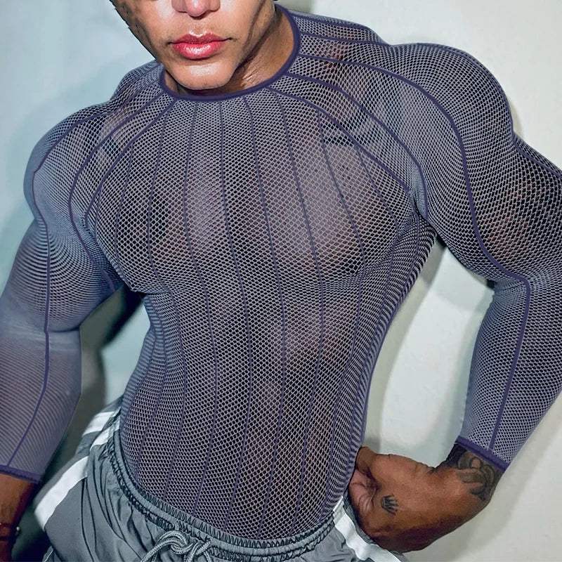 a sexy man in blue Veiny Shaft Mesh Long Sleeve - pridevoyageshop.com - gay men’s harness, lingerie and fetish wear