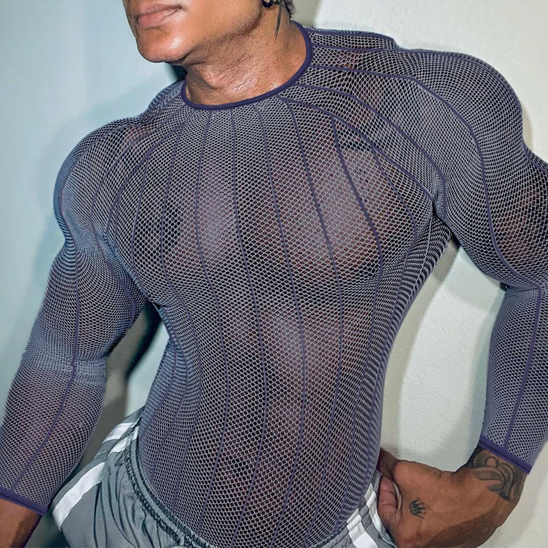 a sexy man in blue Veiny Shaft Mesh Long Sleeve - pridevoyageshop.com - gay men’s harness, lingerie and fetish wear