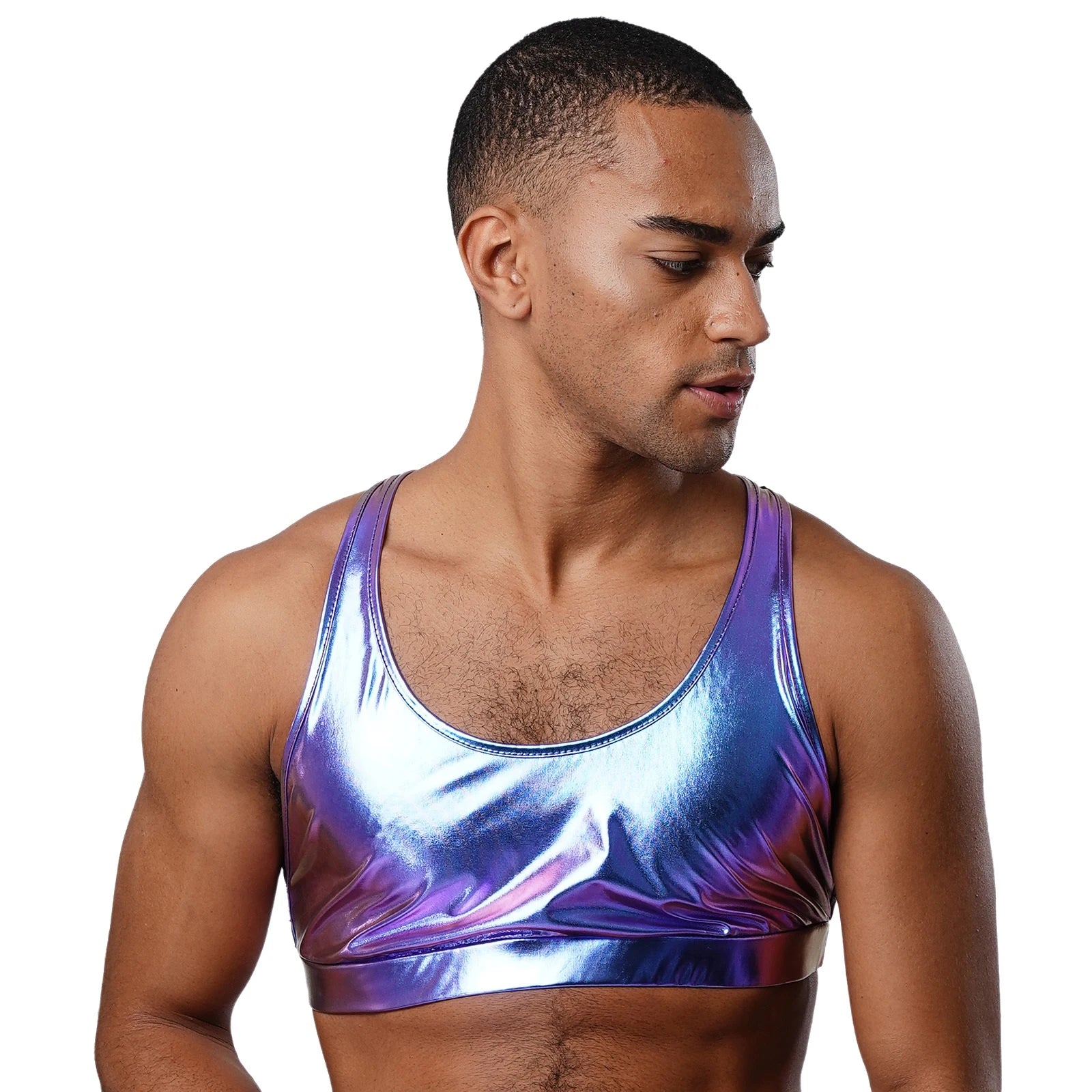 a sexy man in blue metallic harness-back crop top, iridescent shine, fitted chest and strappy fetish back – pridevoyageshop.com – gay men’s harness, lingerie and fetish wear