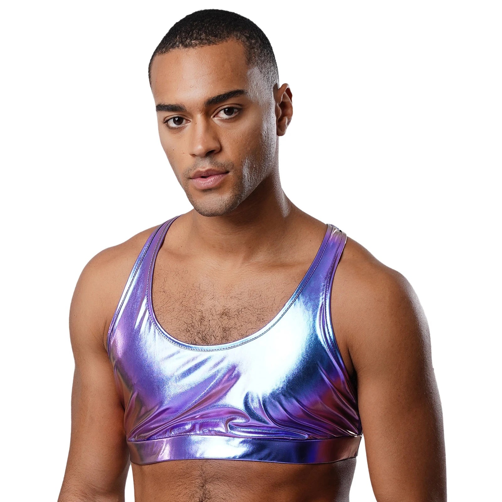 a sexy man in blue metallic harness-back crop top, iridescent shine, fitted chest and strappy fetish back – pridevoyageshop.com – gay men’s harness, lingerie and fetish wear