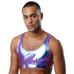 a sexy man in blue metallic harness-back crop top, iridescent shine, fitted chest and strappy fetish back – pridevoyageshop.com – gay men’s harness, lingerie and fetish wear