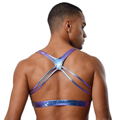 a sexy man in blue metallic harness-back crop top, iridescent shine, fitted chest and strappy fetish back – pridevoyageshop.com – gay men’s harness, lingerie and fetish wear