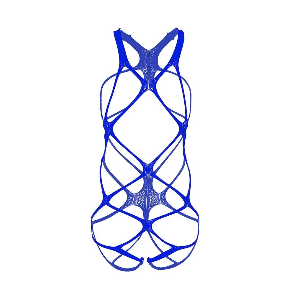 a sexy man in blue strappy bodysuit with exposed chest and high-leg design – pridevoyageshop.com – gay men’s harness, lingerie and fetish wear
