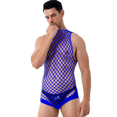 a sexy man in blue wide-net tank bodysuit, full mesh open weave showing chest and torso, teasing erotic fit – pridevoyageshop.com – gay men’s harness, lingerie and fetish wear