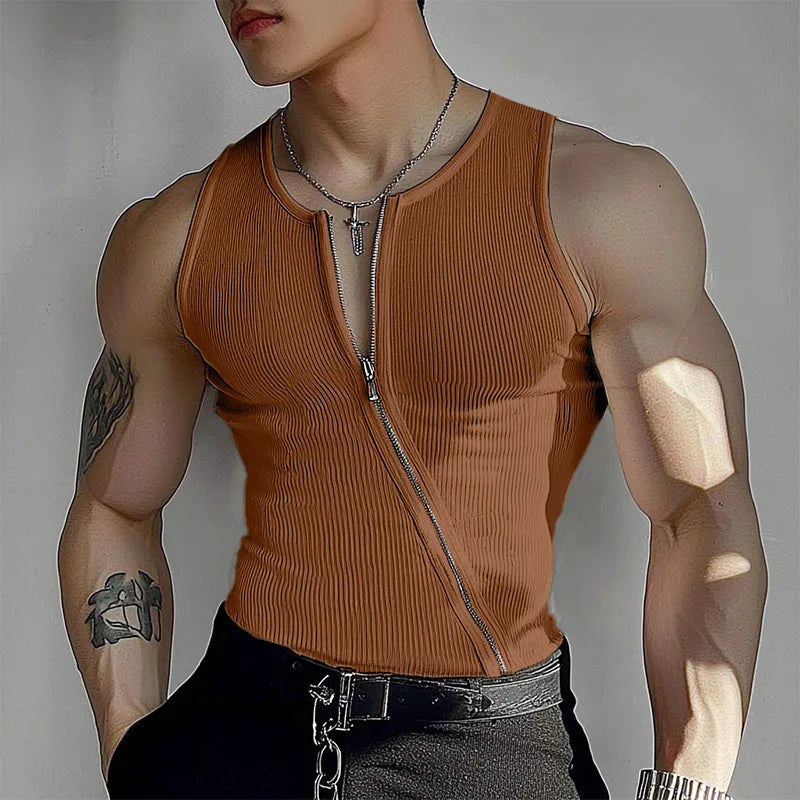 a sexy man in brown The Main Drag Zip Rib Vest - pridevoyageshop.com - gay men’s harness, lingerie and fetish wear