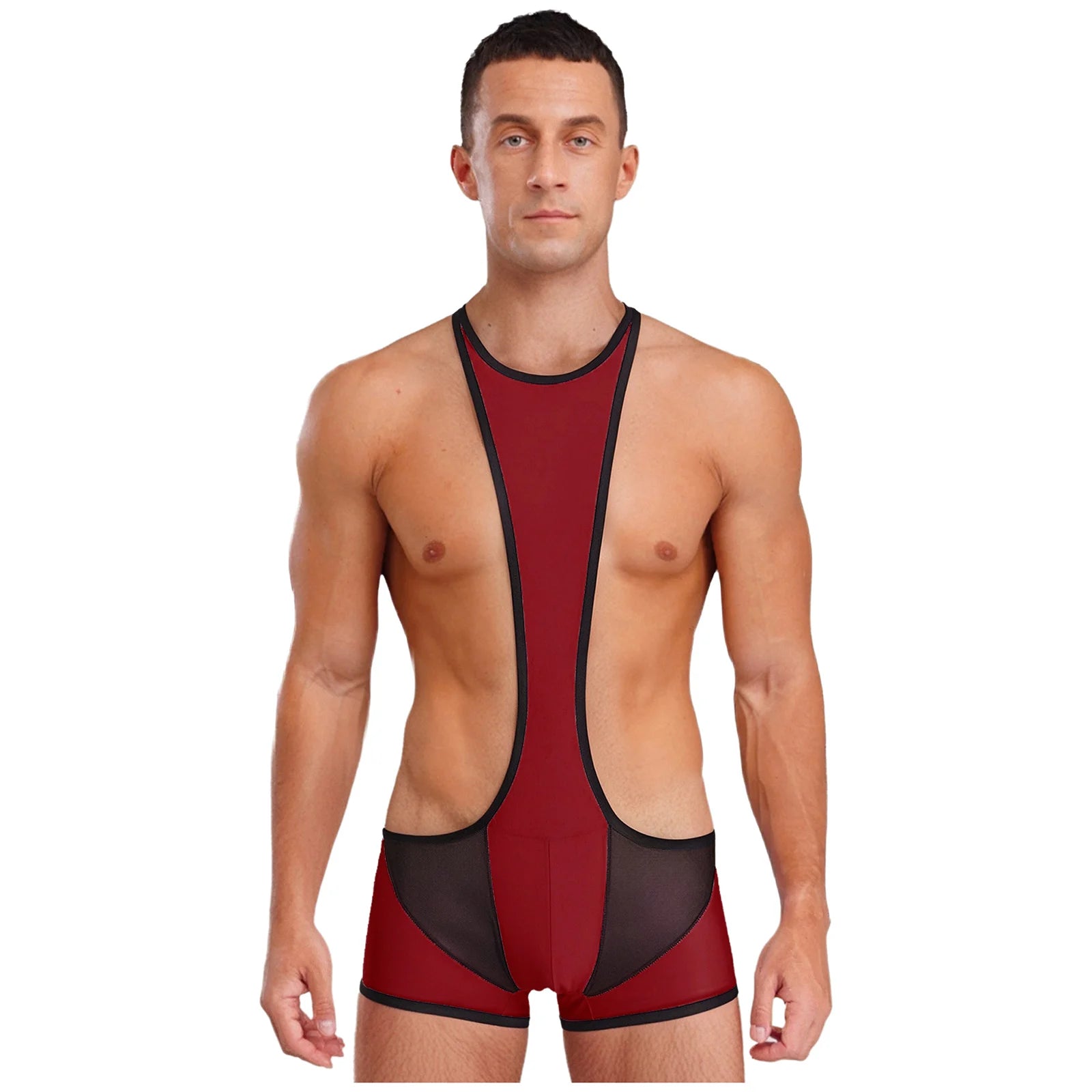 a sexy man in burgundy Men’s Glimpse Cutout Mesh Singlet – pridevoyageshop.com – gay men’s harness, lingerie and fetish wear