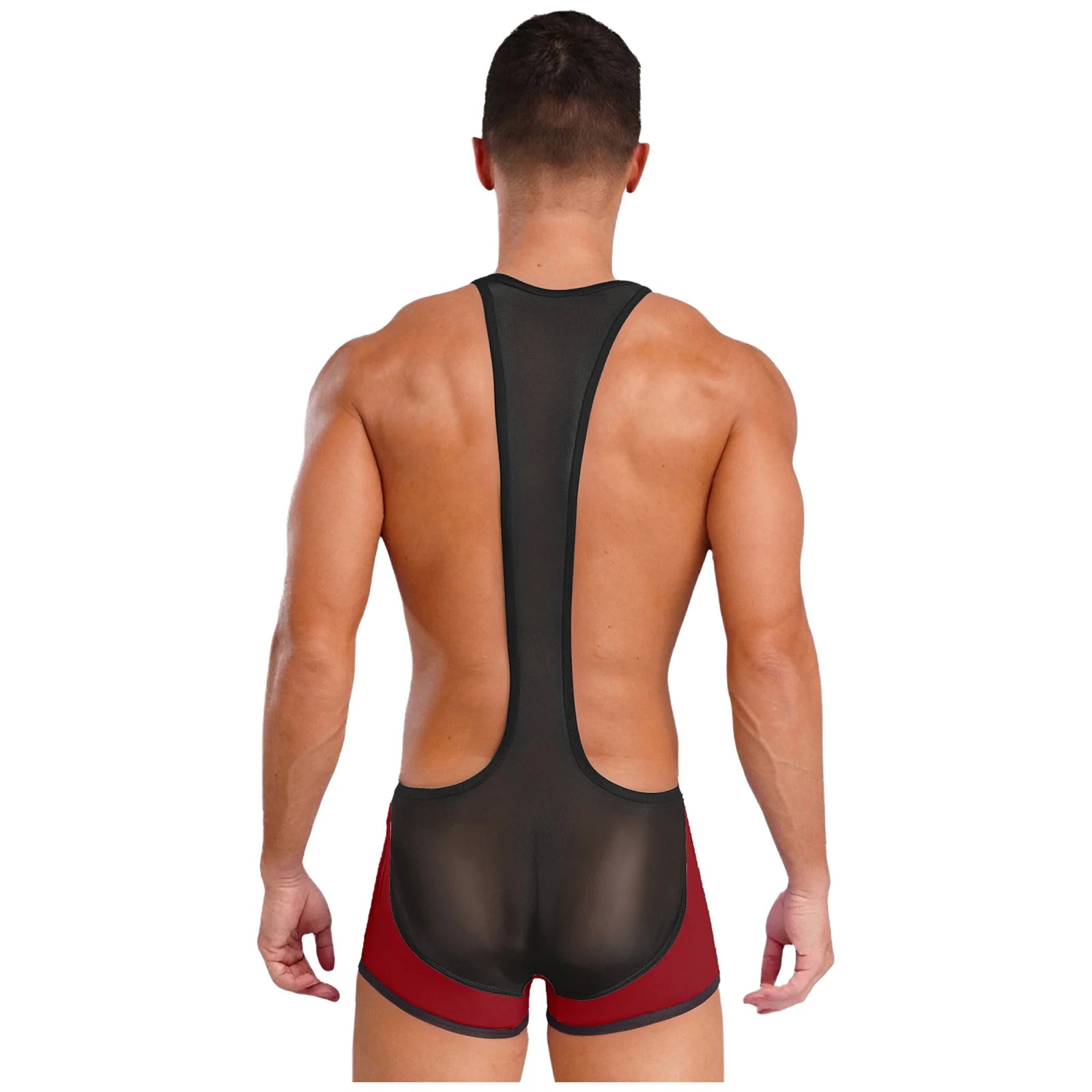 a sexy man in burgundy Men’s Glimpse Cutout Mesh Singlet – pridevoyageshop.com – gay men’s harness, lingerie and fetish wear