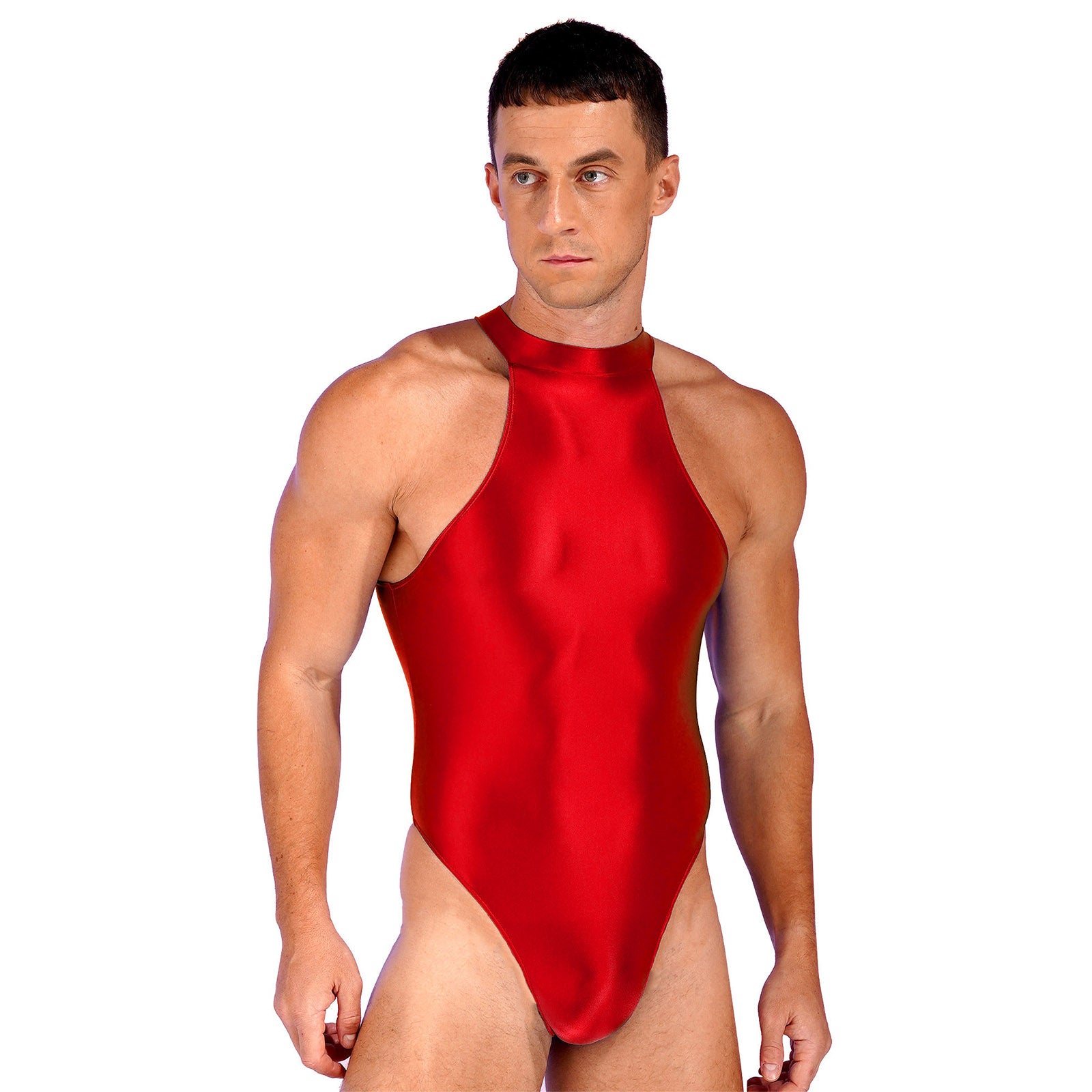 a sexy man in burgundy Profile High-Neck Halter Leotard showing sleek halter neckline and sculpted torso, high-cut fit – pridevoyageshop.com – gay men’s harness, lingerie and fetish wear
