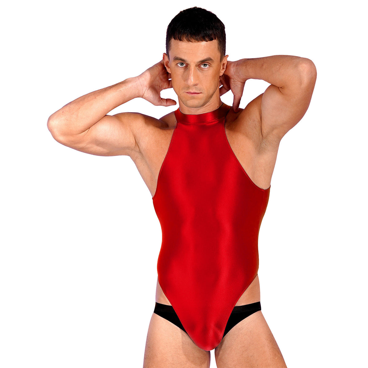 a sexy man in burgundy Profile High-Neck Halter Leotard showing sleek halter neckline and sculpted torso, high-cut fit – pridevoyageshop.com – gay men’s harness, lingerie and fetish wear