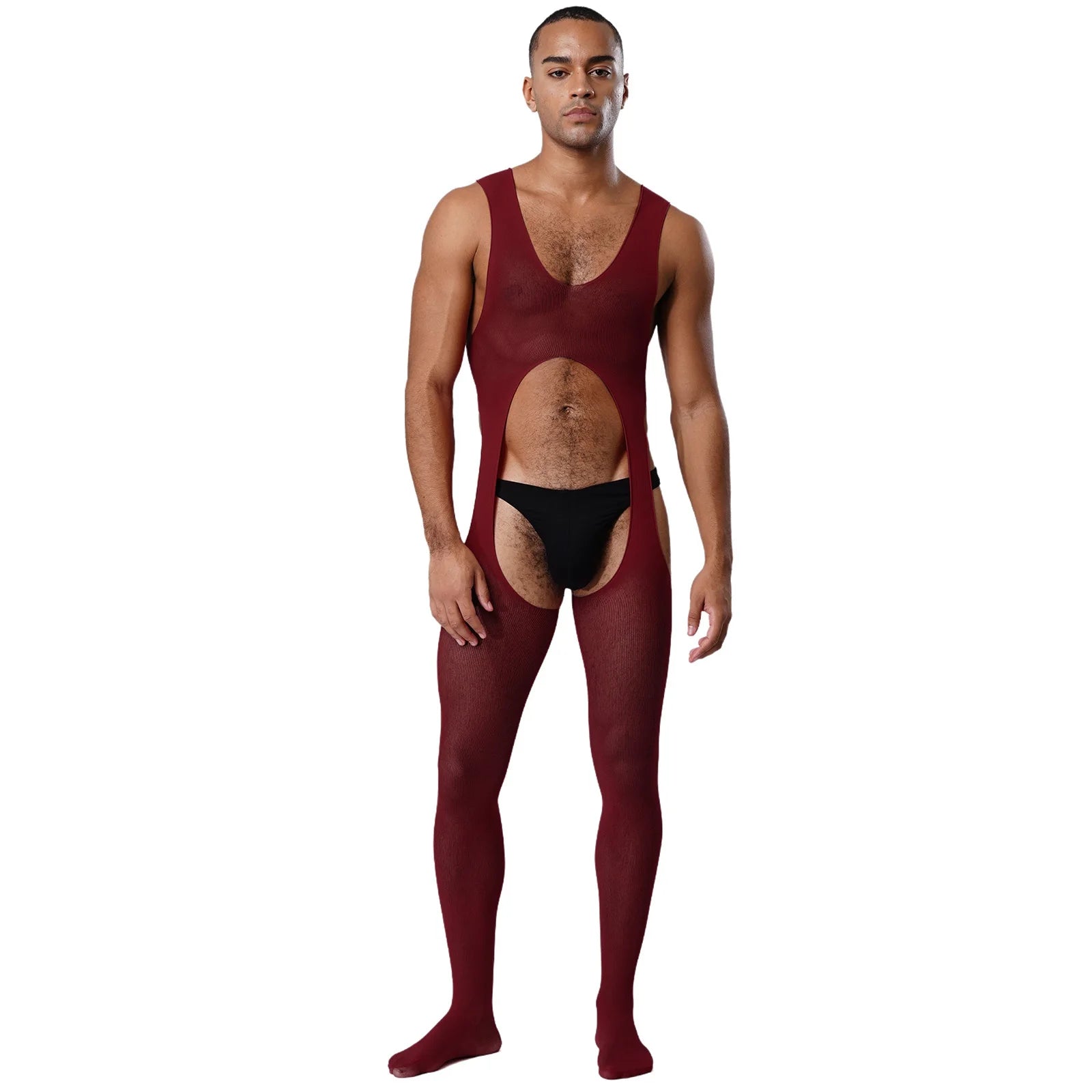 a sexy man in burgundy cutout sheer bodystocking, dramatic chest openings and mesh body, seductive fetish look – pridevoyageshop.com – gay men’s harness, lingerie and fetish wear