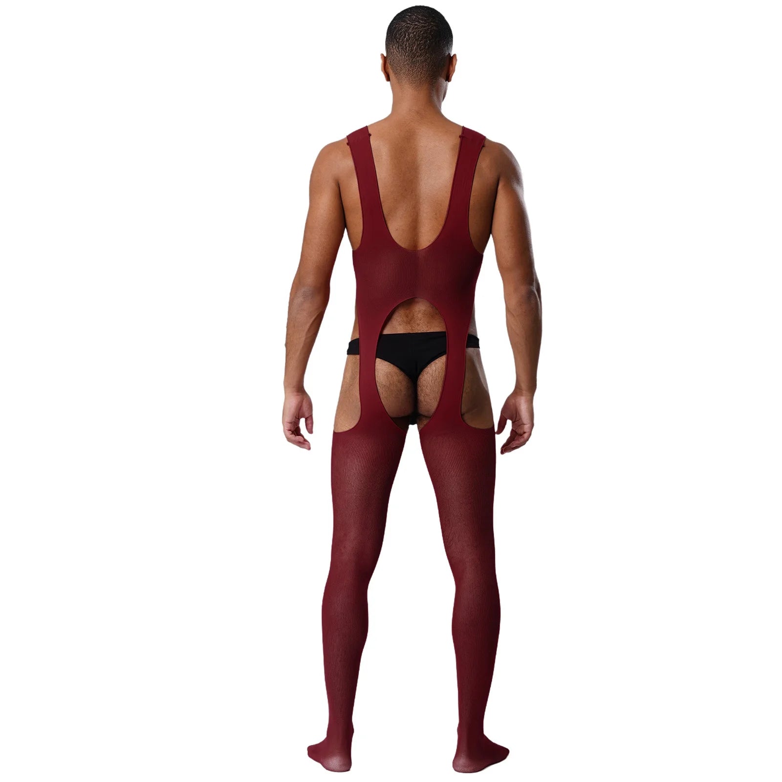 a sexy man in burgundy cutout sheer bodystocking, dramatic chest openings and mesh body, seductive fetish look – pridevoyageshop.com – gay men’s harness, lingerie and fetish wear