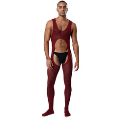 a sexy man in burgundy cutout sheer bodystocking, dramatic chest openings and mesh body, seductive fetish look – pridevoyageshop.com – gay men’s harness, lingerie and fetish wear