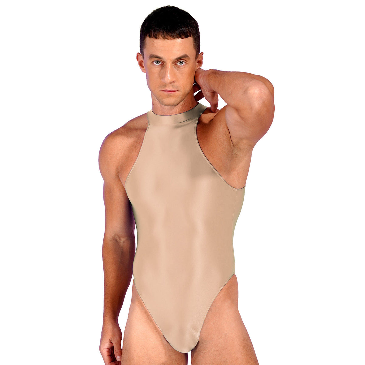 a sexy man in coffee Profile High-Neck Halter Leotard showing sleek halter neckline and sculpted torso, high-cut fit – pridevoyageshop.com – gay men’s harness, lingerie and fetish wear