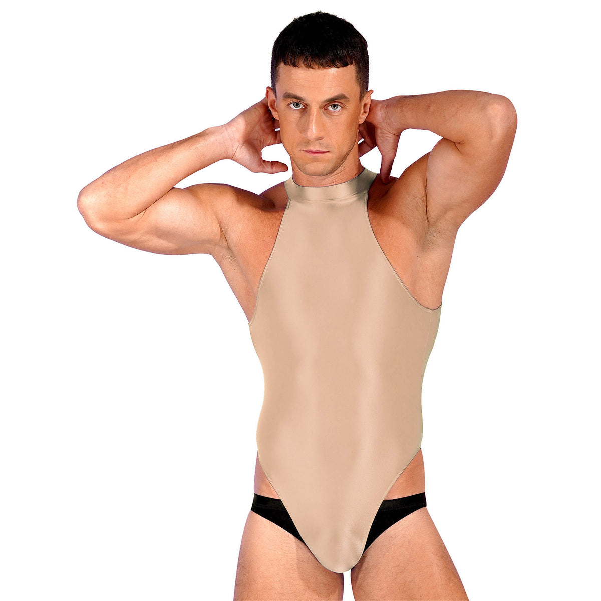 a sexy man in coffee Profile High-Neck Halter Leotard showing sleek halter neckline and sculpted torso, high-cut fit – pridevoyageshop.com – gay men’s harness, lingerie and fetish wear