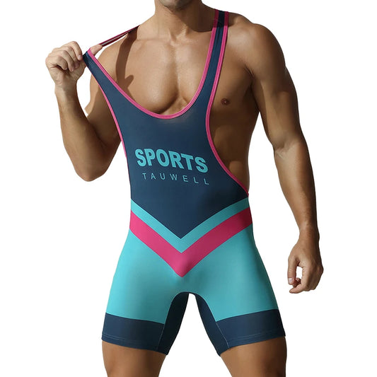 a sexy man in cyan Men’s Trident Double-Chevron Singlet – pridevoyageshop.com – gay men’s harness, lingerie and fetish wear