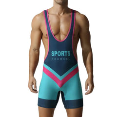 a sexy man in cyan Men’s Trident Double-Chevron Singlet – pridevoyageshop.com – gay men’s harness, lingerie and fetish wear