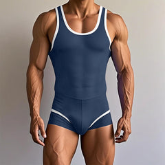 a sexy man in dark blue Men’s Ace Contrast-Trim Bodysuit – pridevoyageshop.com – gay men’s harness, lingerie and fetish wear

