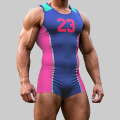 a sexy man in dark blue Men’s Draft Pick Ombre Singlet – pridevoyageshop.com – gay men’s harness, lingerie and fetish wear