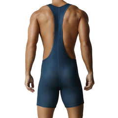 a sexy man in dark blue Men’s First-String Shield Singlet – pridevoyageshop.com – gay men’s harness, lingerie and fetish wear