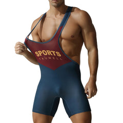 a sexy man in dark blue Men’s First-String Shield Singlet – pridevoyageshop.com – gay men’s harness, lingerie and fetish wear