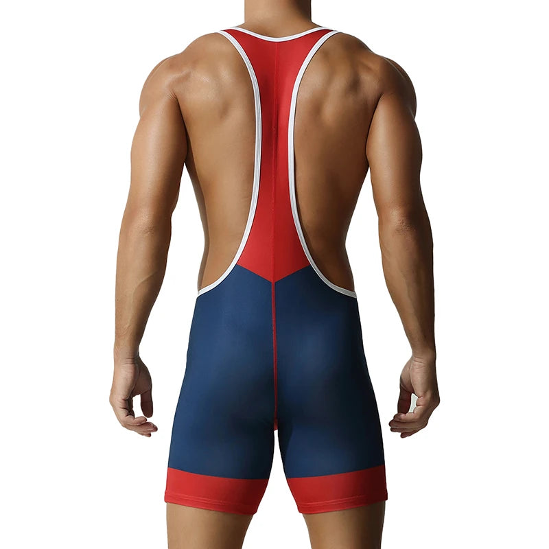 a sexy man in dark blue Men’s On-Point Chevron Singlet – pridevoyageshop.com – gay men’s harness, lingerie and fetish wear