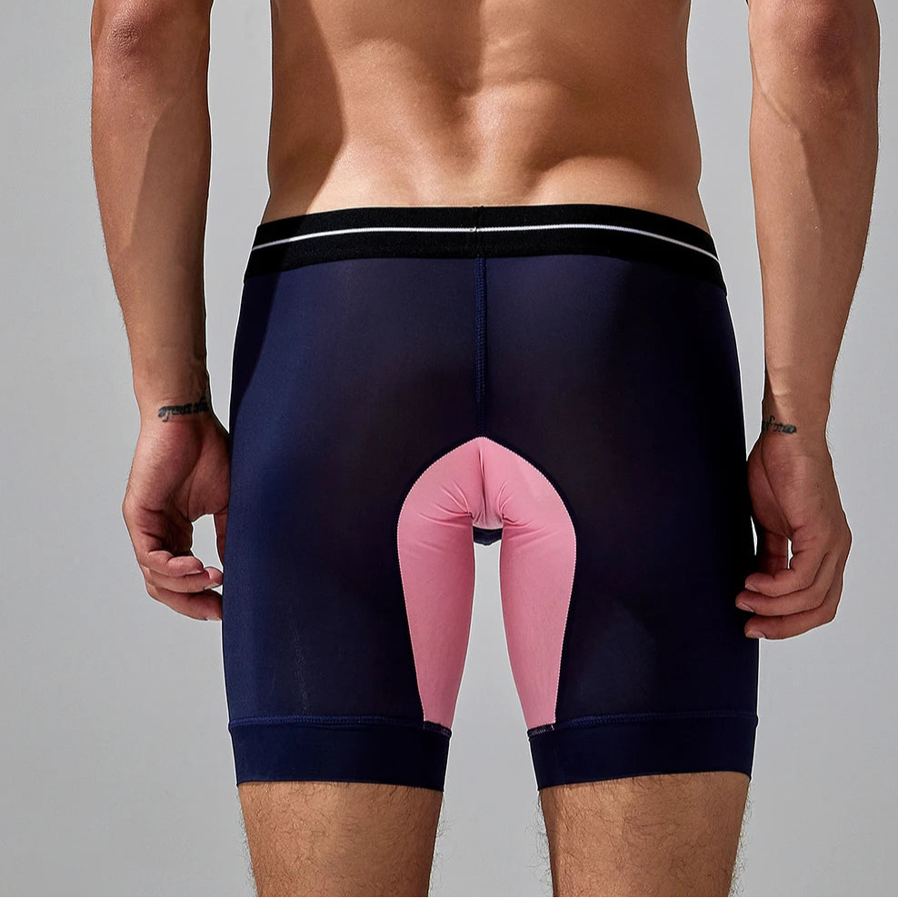 a sexy man in dark blue SEOBEAN Men’s Dominion Long Sheer Boxer Briefs – pridevoyageshop.com – gay men’s sexy swim briefs, trunks, board shorts, and bikinis