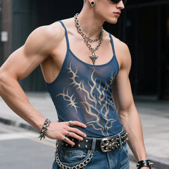a sexy man in dark blue Sin City Flame Mesh Cami - pridevoyageshop.com - gay men’s harness, lingerie and fetish wear
