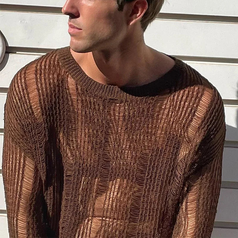 a sexy man in dark brown Trace Knit Sweater - pridevoyageshop.com - gay men’s harness, lingerie and fetish wear